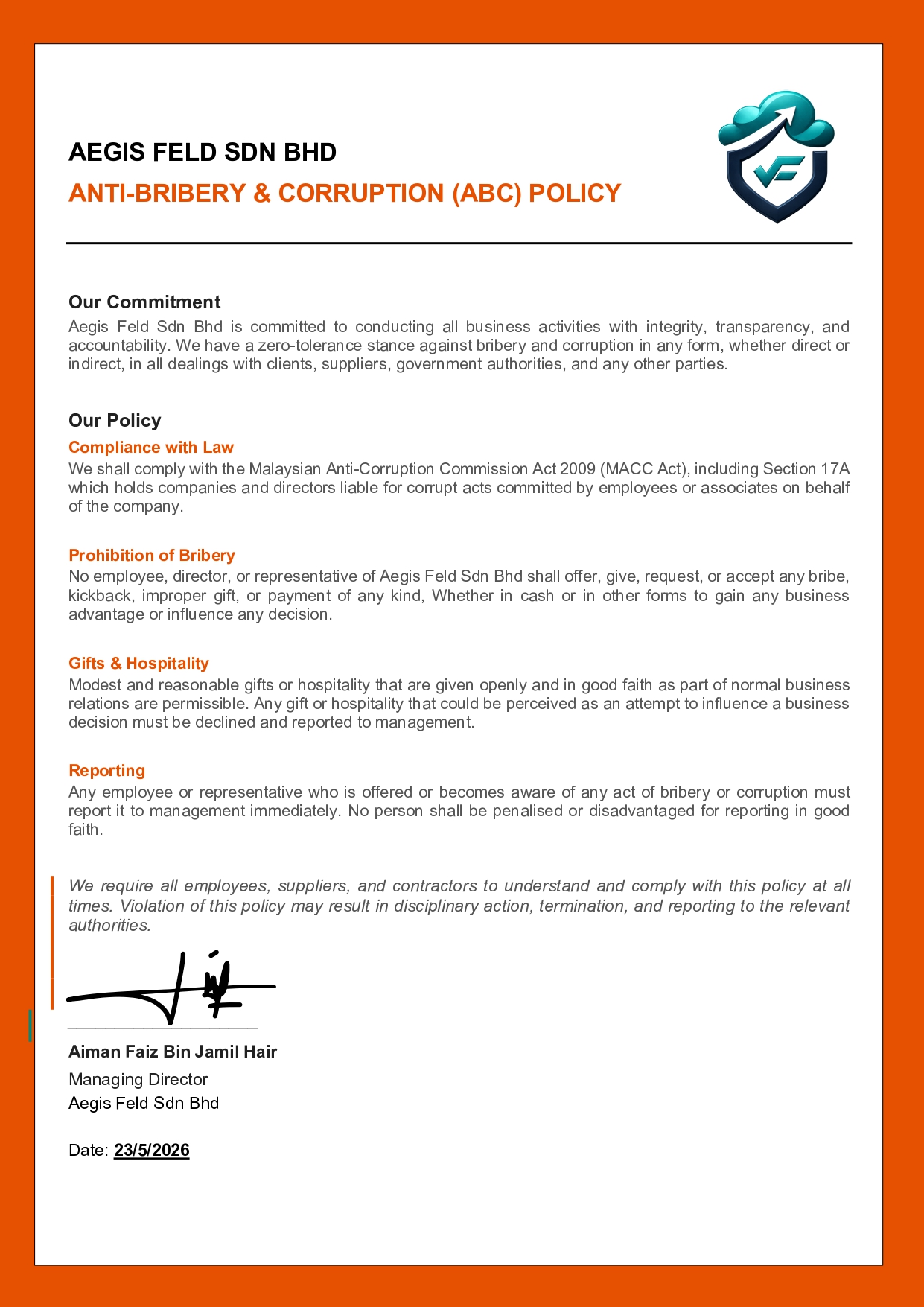 Aegis Feld Anti-Bribery and Anti-Corruption Policy — MACC Section 17A aligned, Malaysia