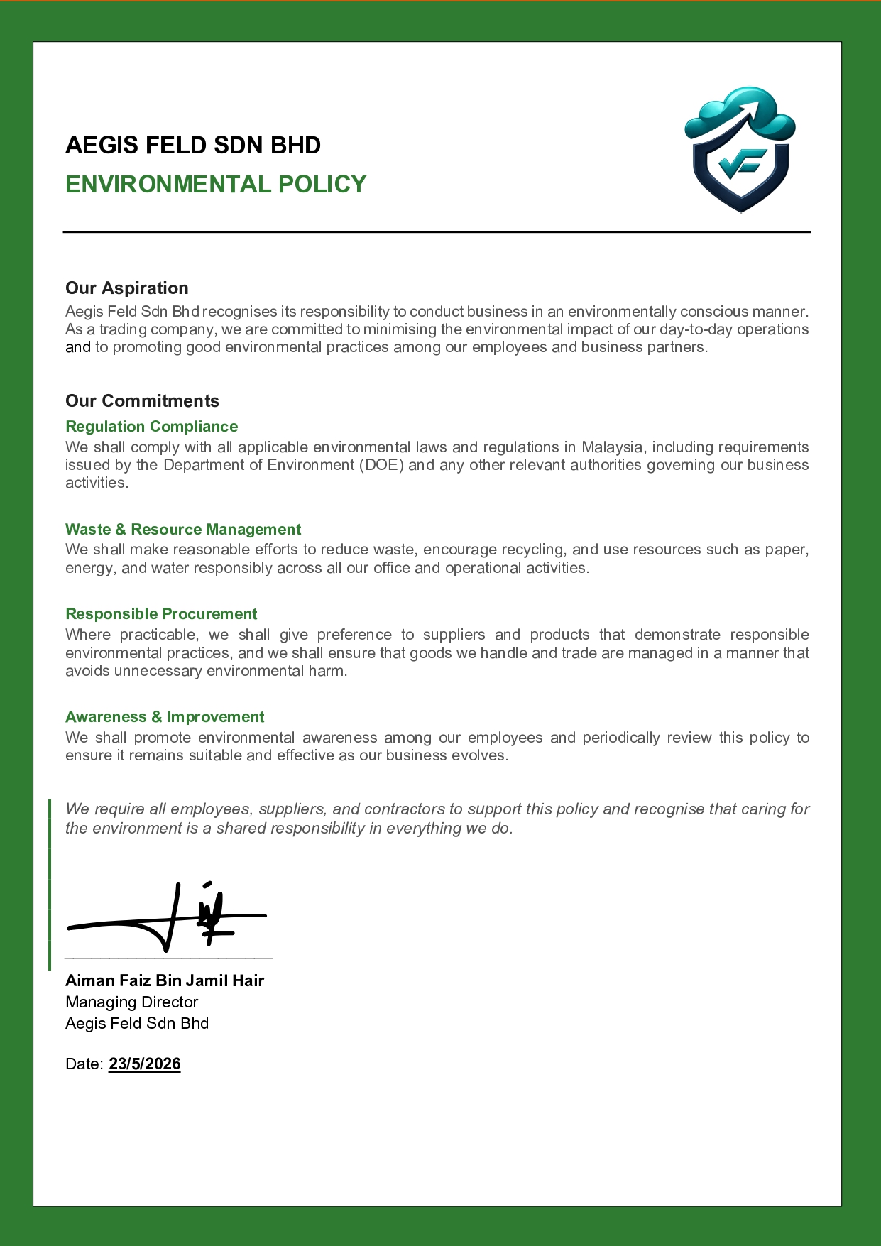 Aegis Feld Environmental Policy — environmental responsibility document, Malaysia