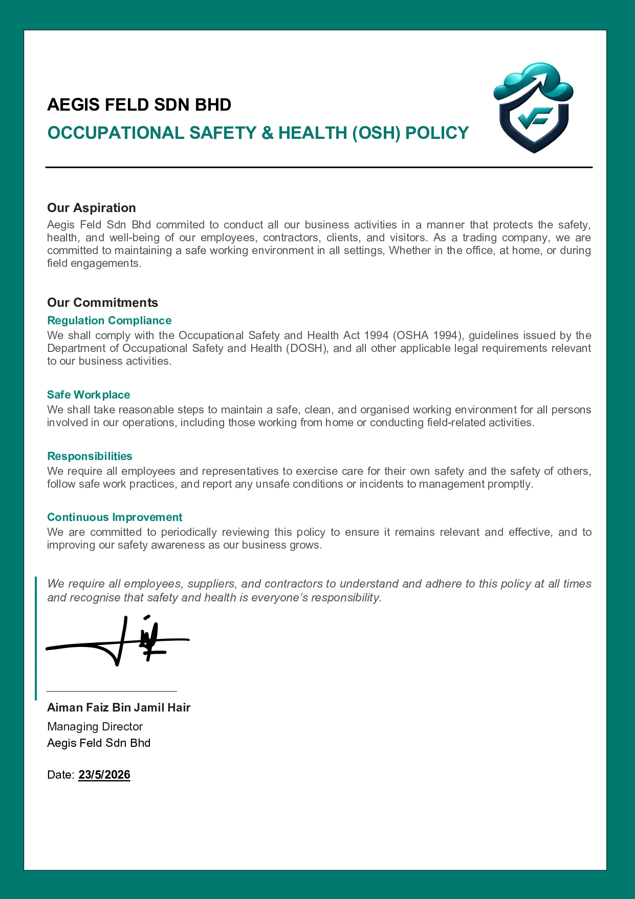 Aegis Feld OSH Policy — Occupational Safety & Health document, Malaysia