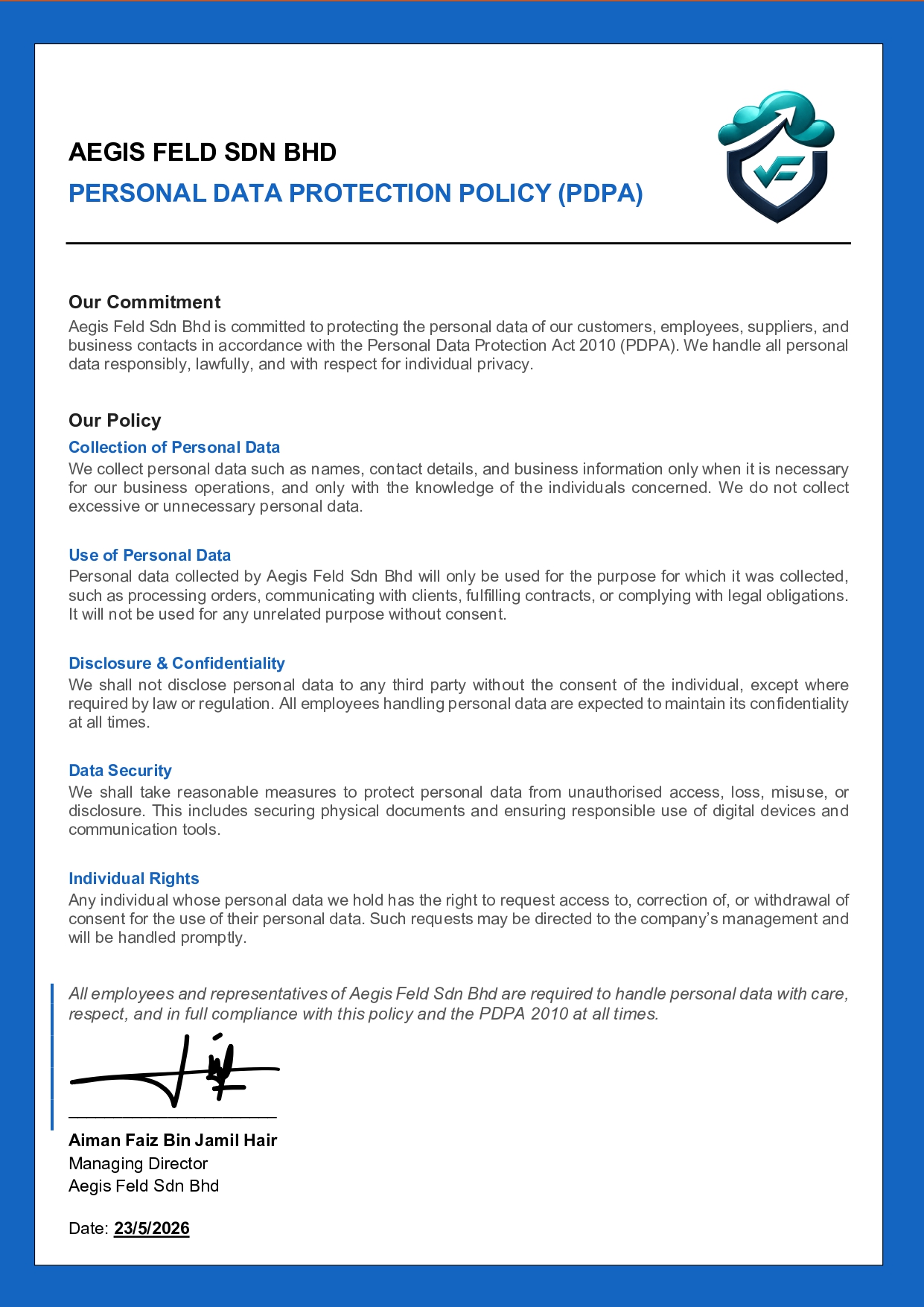 Aegis Feld PDPA Personal Data Protection and Privacy Policy, Malaysia